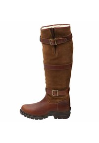 Bota de cuero y ante marrón hasta la rodilla con dos correas de cuero marrón y hebillas. Punta suave con caña texturizada para mayor agarre.