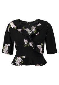 Schwarze Bluse mit Peplum-Design, ausgestattet mit einem Rüschendetail am Kragen und kurzen Ärmeln. Verziert mit lavendelfarbenen Blumenmustern und grünen Blättern.