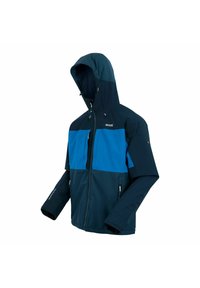 Veste d'extérieur à capuche bleu foncé et bleu clair avec fermeture éclair frontale et poches latérales zippées.