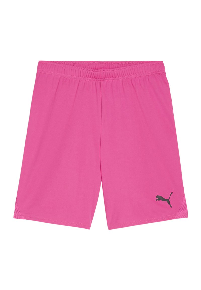 Rosa Sportshorts mit einem elastischen Bund, versehen mit einem schwarzen Puma-Logo auf der linken Seite und einem glatten, leichten Stoff.
