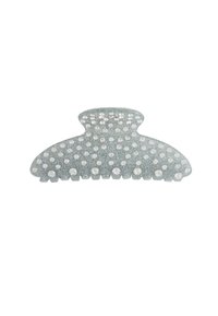 Haarspange in Hellblau mit glitzernder Oberfläche, verziert mit klaren runden Strasssteinen entlang der oberen und unteren Kanten.