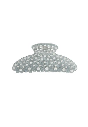 Haarspange in Hellblau mit glitzernder Oberfläche, verziert mit klaren runden Strasssteinen entlang der oberen und unteren Kanten.