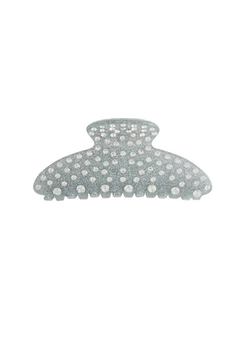 Haarspange in Hellblau mit glitzernder Oberfläche, verziert mit klaren runden Strasssteinen entlang der oberen und unteren Kanten.