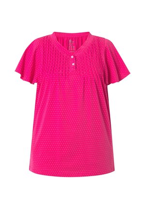 Roze blouse met korte mouwen en witte stippen, ronde halslijn, twee knopen aan de voorkant en geplooide details aan de bovenkant voor.