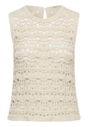 Haut sans manches en crochet couleur crème avec des motifs en dentelle complexes et une petite fermeture par bouton au dos au niveau de l'encolure.