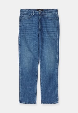 Blue denim jeans with a straight-leg cut, a classic five-pocket design, and a subtle faded texture. Features a front button closure.