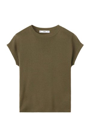 Haut en maille vert olive uni à manches courtes, col rond et bords de manches légèrement roulés.