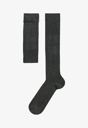 Dunkelgraue knielange Socken mit geripptem Textur, ausgestattet mit einem umklappbaren Bündchen und einer verstärkten Zehenpartie für Langlebigkeit.