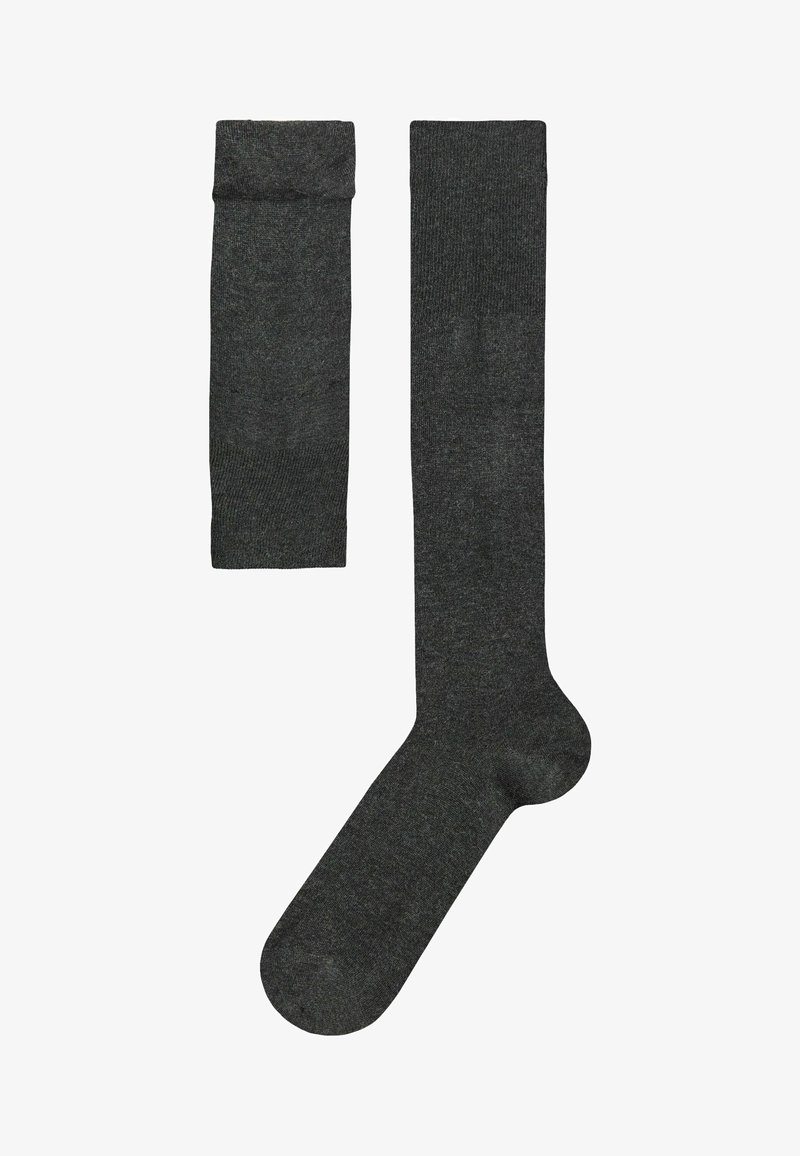 Dunkelgraue knielange Socken mit geripptem Textur, ausgestattet mit einem umklappbaren Bündchen und einer verstärkten Zehenpartie für Langlebigkeit.