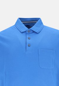 Blå polo skjorte lavet af bomuld, med en krave, tre knaplukninger og en brystlomme med et logo detaljer. Glat tekstur.