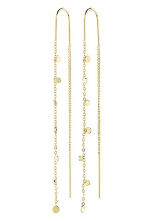 Lange dünne goldene Threader-Ohrringe mit kleinen runden goldenen Charms, die entlang zarter Ketten verteilt sind.