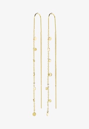 Lange dünne goldene Threader-Ohrringe mit kleinen runden goldenen Charms, die entlang zarter Ketten verteilt sind.