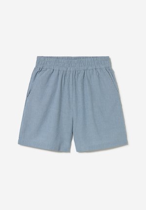 Light blue, textured fabric shorts with elastic waistband and side pockets, laid flat on white background.