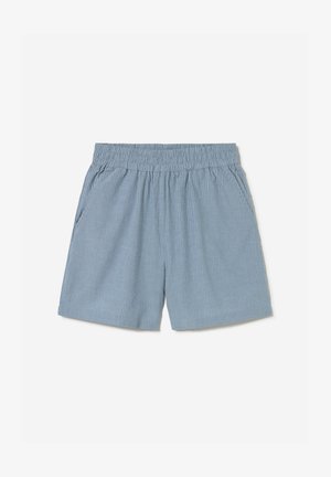 Light blue, textured fabric shorts with elastic waistband and side pockets, laid flat on white background.
