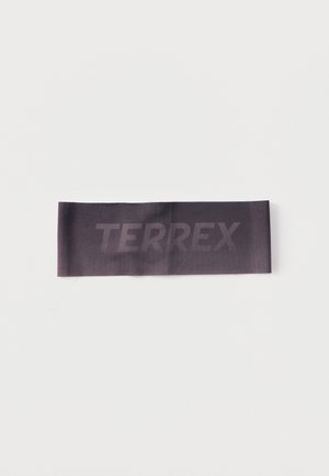 Sort elastisk pandebånd med teksten "TERREX" trykt i en mørkere nuance, lagt fladt på en hvid baggrund.