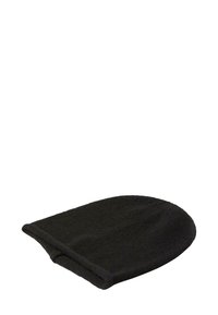 Sort hue hat lavet af blødt fleece-materiale. Den har en rund form med en omviklet manchet, der har en tekstureret overflade. Glat finish.