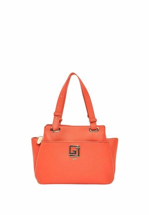 Borsa a mano in pelle arancione con doppi manici, accessori dorati e un logo quadrato dorato davanti.