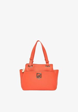 Borsa a mano in pelle arancione con doppi manici, accessori dorati e un logo quadrato dorato davanti.