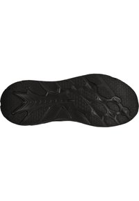 Schwarze Sportschuhsohle mit einer strukturierten Oberfläche, einem ausgeprägten Profilmuster und mehreren Grip-Bereichen für verbesserte Traktion.