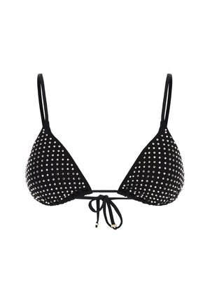 Black bikini top with triangular cups, embellished with silver studs. Features thin adjustable straps and a tie closure at the back.