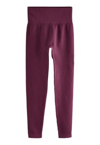 Bordeauxrote Rippstrumpfhosen mit einem breiten, elastischen Bund und figurbetontem Design, mit glatter Textur und zulaufenden Beinen.