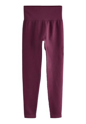 Leggings côtelés couleur bordeaux avec une large ceinture élastique et une coupe ajustée, présentant une texture lisse et des jambes fuselées.