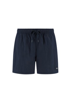 Sötétkék fürdőnadrág könnyű anyagból, rugalmas derékkal és húzózsinórral, kisebb logóval ellátva.