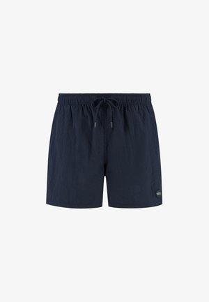 Sötétkék fürdőnadrág könnyű anyagból, rugalmas derékkal és húzózsinórral, kisebb logóval ellátva.