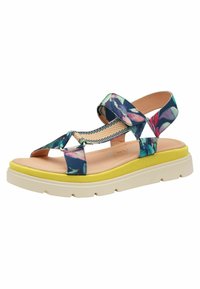 Sandal con motivo floreale, con una parte superiore blu navy e suola gialla. Presenta due fibbie con chiusura a strappo e una soletta imbottita.