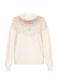 Crème kleurige trui met een hoge hals, voorzien van een verloop van sprankelende pailletten op de schouders, een zachte textuur en geribbelde manchetten.