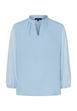 Blusa azul clara de manga larga con escote en V plisado y puños elásticos, talla 36, marca More & More.