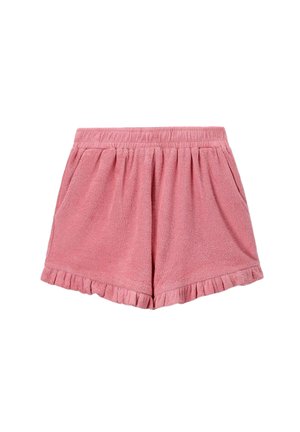 Roze badstof shorts met een elastische tailleband, zijzakken en een gerimpelde zoom. Zachte textuur en casual ontwerp.