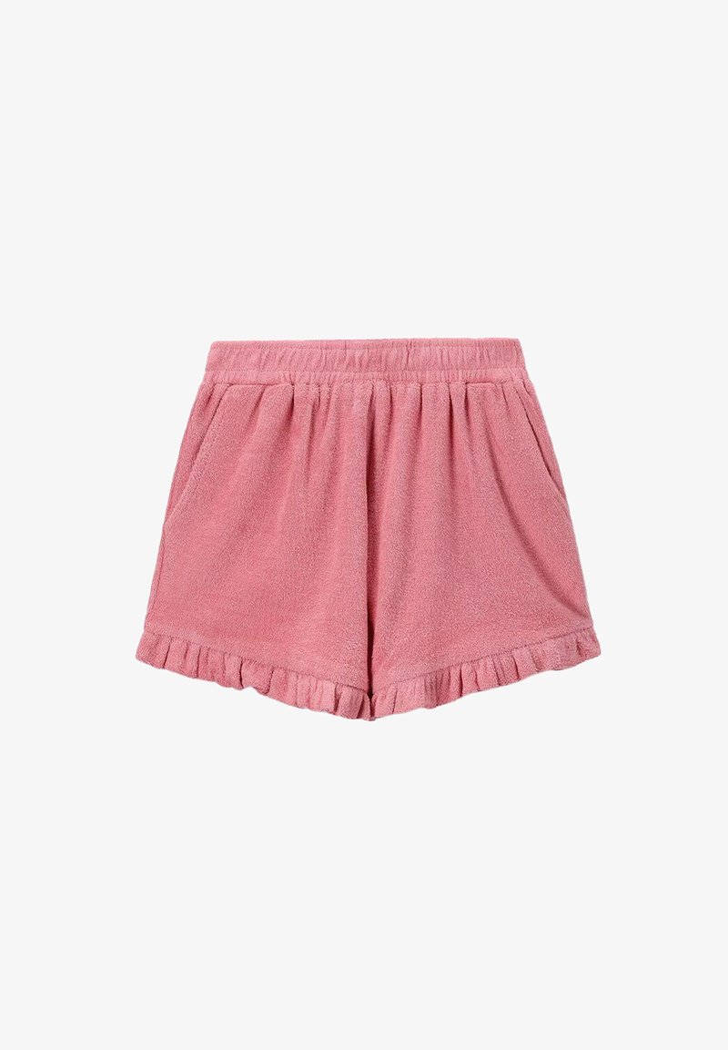 Shorts en éponge rose avec une taille élastique, des poches latérales et un ourlet volanté. Texture douce et design décontracté.