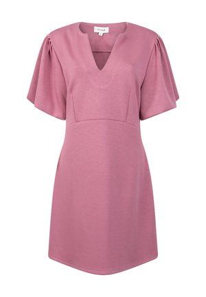 Kurzes rosa V-Ausschnitt-Kleid mit kurzen Puffärmeln, aus weichem Stoff, mit einem taillierten Oberteil und einem ausgestellten unteren Teil.