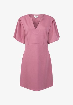 Kurzes rosa V-Ausschnitt-Kleid mit kurzen Puffärmeln, aus weichem Stoff, mit einem taillierten Oberteil und einem ausgestellten unteren Teil.