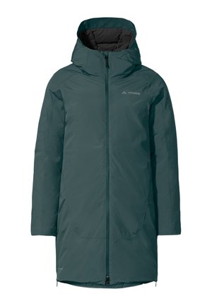 Parka impermeabile Vaude in verde scuro, con cappuccio, zip frontale completa e maniche lunghe. Finitura liscia e opaca con tasche pratiche.
