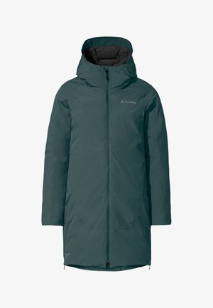 Parka impermeabile Vaude in verde scuro, con cappuccio, zip frontale completa e maniche lunghe. Finitura liscia e opaca con tasche pratiche.
