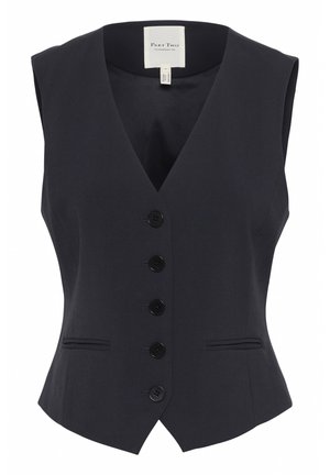 Navy sleeveless vest with V-neckline, five black buttons down the front, and subtle side pockets for a tailored fit. Smooth fabric texture.