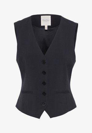 Gilet sans manches bleu marine avec décolleté en V, cinq boutons noirs à l'avant et poches latérales discrètes pour un ajustement sur mesure. Texture de tissu lisse.