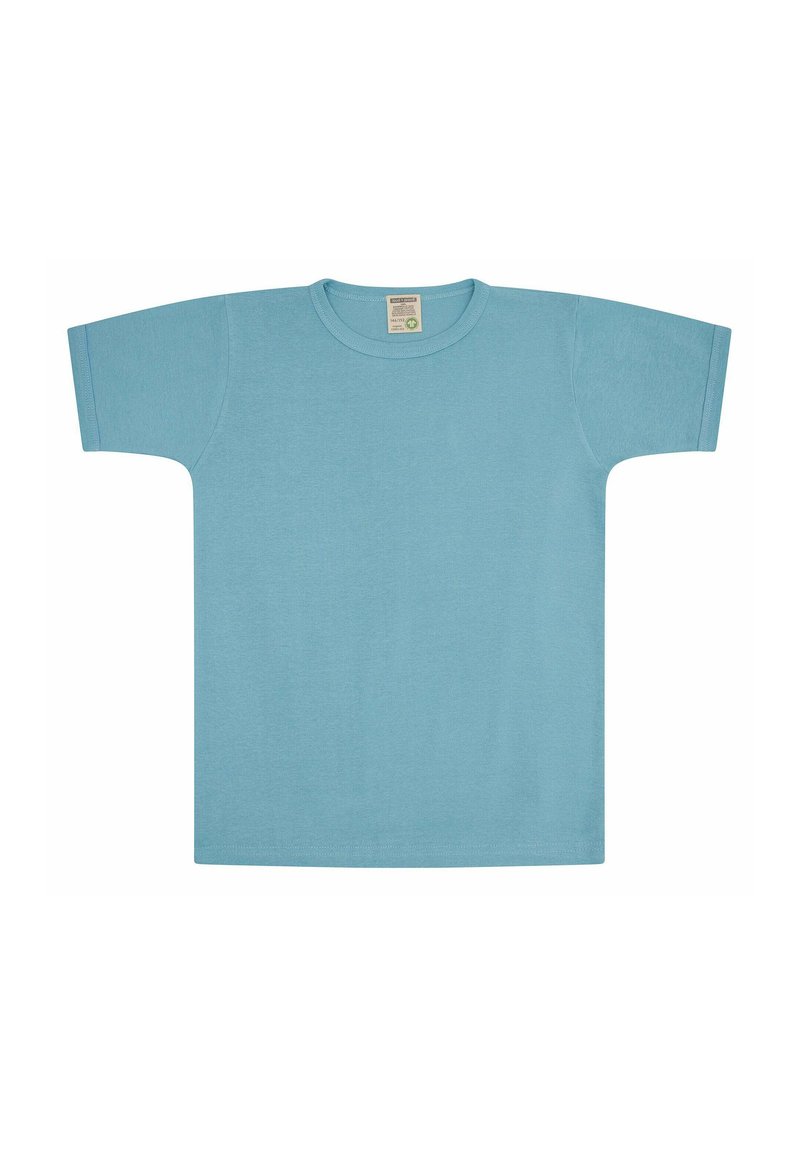 Lichtblauw T-shirt met korte mouwen van zachte stof. Heeft een ronde halslijn en een eenvoudig, onopgemaakt ontwerp.