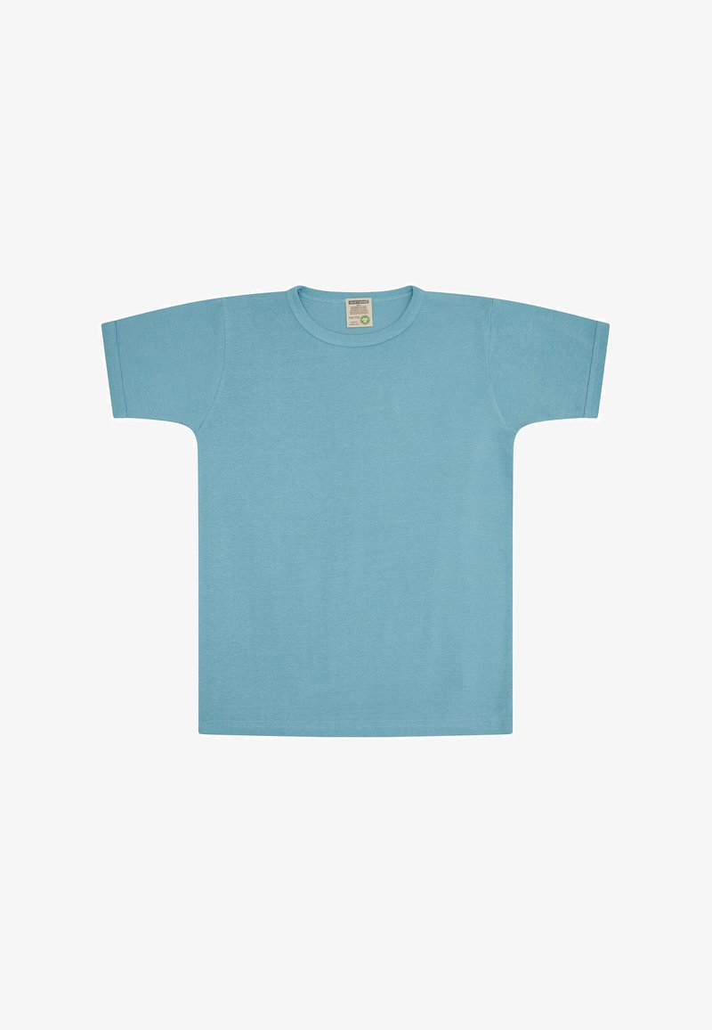 Light blue short-sleeve t-shirt made of soft fabric. Features a round neckline and a simple, unembellished design.