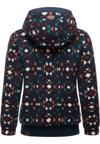 Polarowa bluza z kapturem w geometryczny wzór w kolorze granatowym, turkusowym, rdzawym, białym i kremowym. Posiada kaptur oraz ściągacze przy mankietach i u dołu.