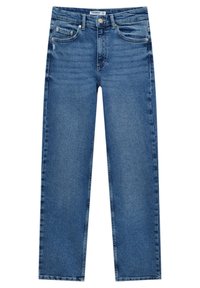 Jean droit en denim bleu avec poches avant, passants de ceinture, fermeture par bouton et détails subtilement délavés.
