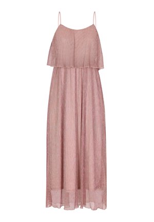 Rochie maxi roz cu bretele subțiri, ajustabile, design cu volane stratificate și o textură transparentă. Prezintă o siluetă fluidă și un strălucire subtilă.