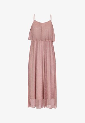 Abito maxi rosa con spalline sottili e regolabili, design a strati con volant e una texture trasparente. Presenta una silhouette fluida e un leggero luccichio.