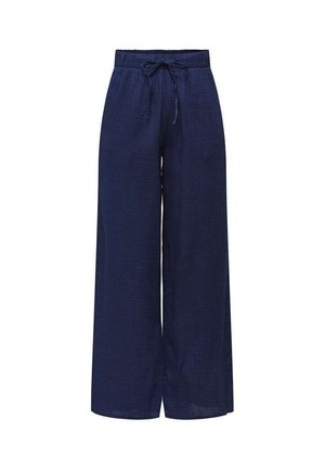 Pantalon bleu marine à jambes larges avec ceinture élastique et cordon, fabriqué en tissu léger texturé.