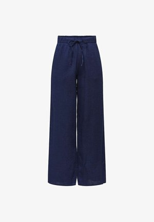 Pantalon bleu marine à jambes larges avec ceinture élastique et cordon, fabriqué en tissu léger texturé.