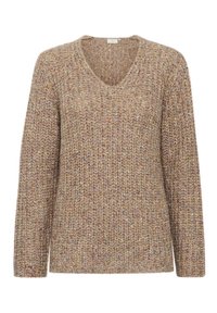 Pull à col en V avec manches longues, fabriqué en fil texturé et multicolore dans des tons de marron, crème et avec des touches de violet.