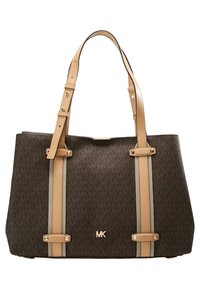 Borsa a spalla in canvas marrone con dettagli in pelle marrone chiaro, caratterizzata da due manici, un logo e cuciture evidenti.