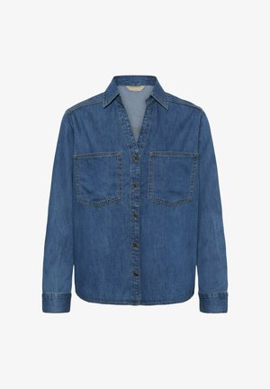 Modra jeansa srajca z dolgimi rokavi, dvema sprednjima žepoma, gumbastim zapenjanjem in ovratnikom. Ima sproščen kroj in rahlo zbledel videz.